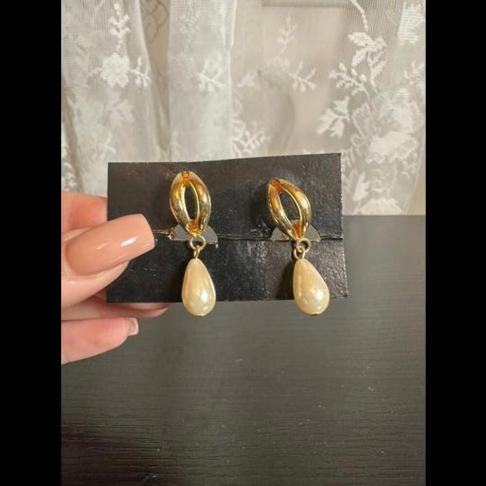 Vintage Gold Drop Earrings with Pearl Accents
